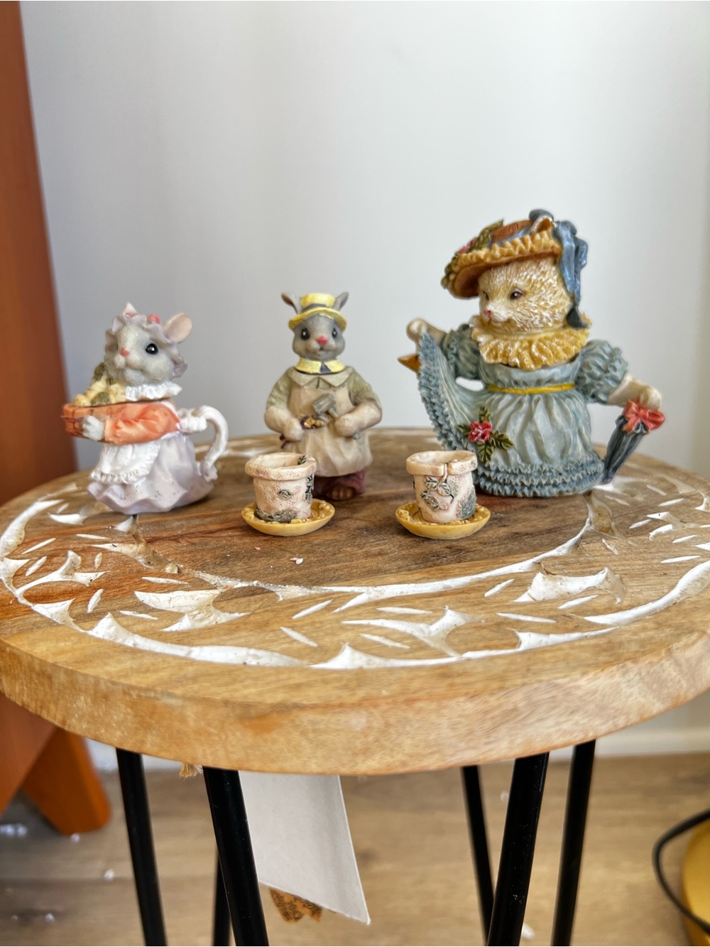 Hand-Painted Ceramic Animal Figurine Trio in Blue, Cream, Pink and Gray